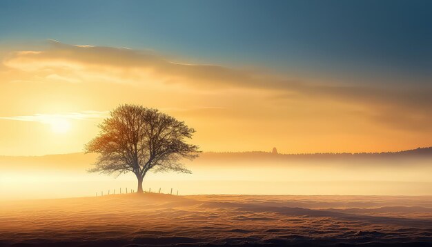 Un arbre luxuriant et solitaire dans un champ brumeux au matin, concept de printemps.