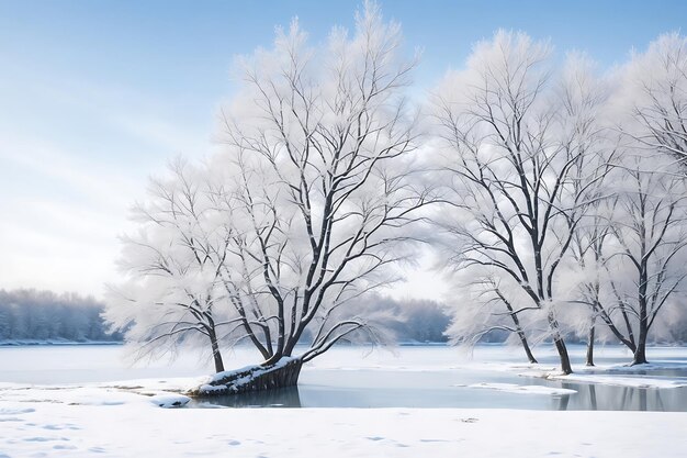 Arbre magique couvert de neige en hiver Paysage hivernal Le lac d'hiver est gelé sur le devant