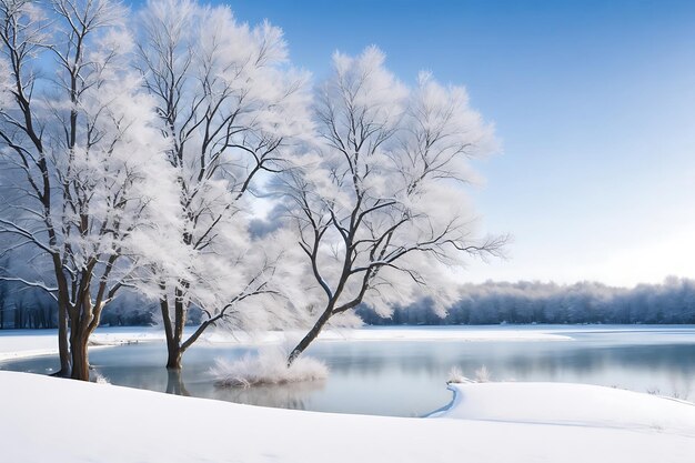 Arbre magique couvert de neige en hiver Paysage hivernal Le lac d'hiver est gelé sur le devant