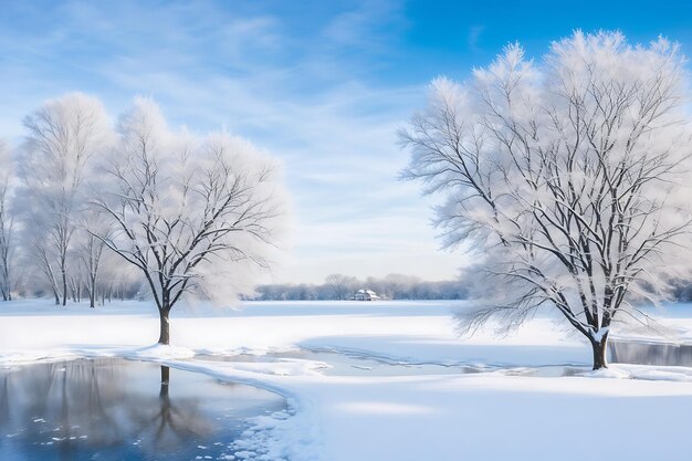 Arbre magique couvert de neige en hiver Paysage hivernal Le lac d'hiver est gelé sur le devant
