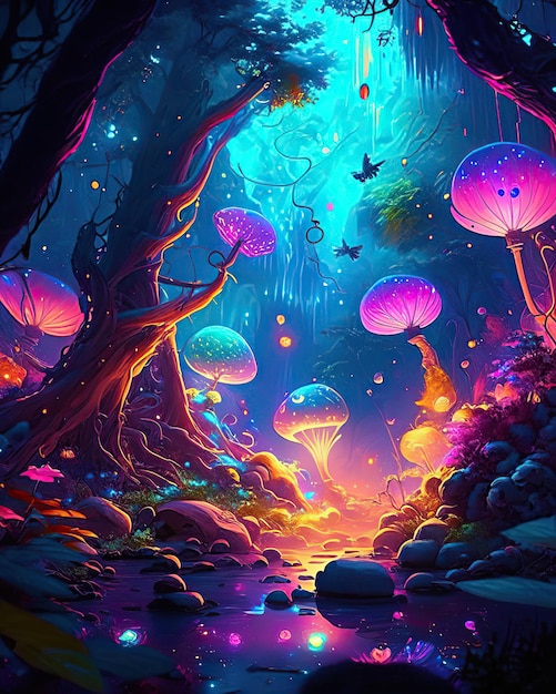 Arbre magique dans une forêt enchantée, couleurs vives dans un style néon magique et surréaliste