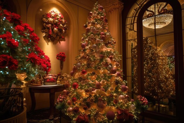 Un arbre magnifiquement décoré avec des lumières scintillantes et des ornements brillants entourés de cadeaux