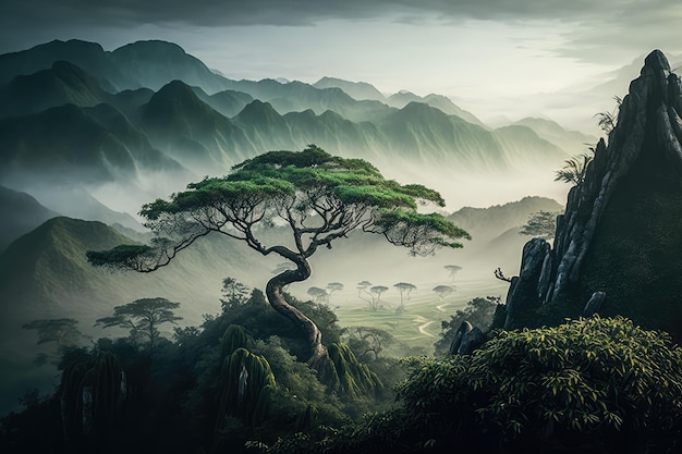 Arbre majestueux entouré d'une forêt de bambous avec des montagnes brumeuses en arrière-plan