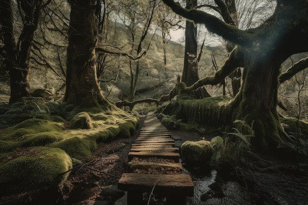 Arbre majestueux avec de la mousse suspendue dans la forêt avec un chemin de caillebotis créé avec une IA générative