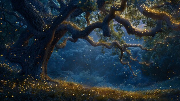 Photo arbre majestueux avec de nombreuses branches dans une forêt sombre sous un ciel nuageux