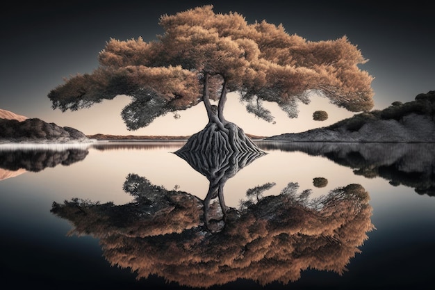 Arbre majestueux avec reflet dans un lac tranquille