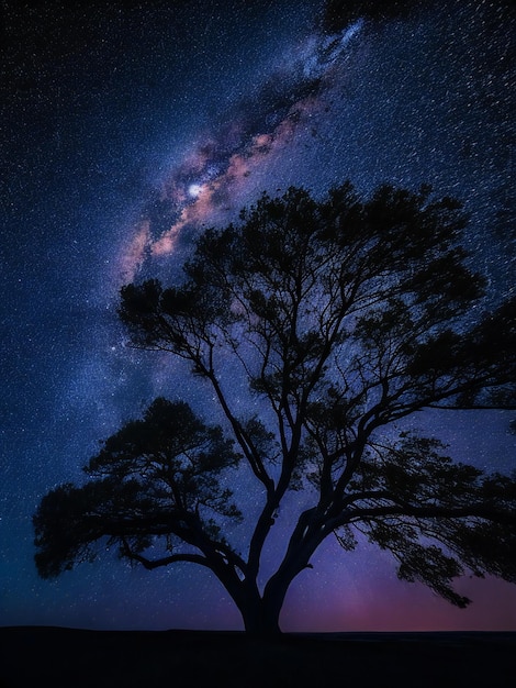 un arbre majestueux en silhouette sur le fond du vaste ciel nocturne rempli d'étoiles