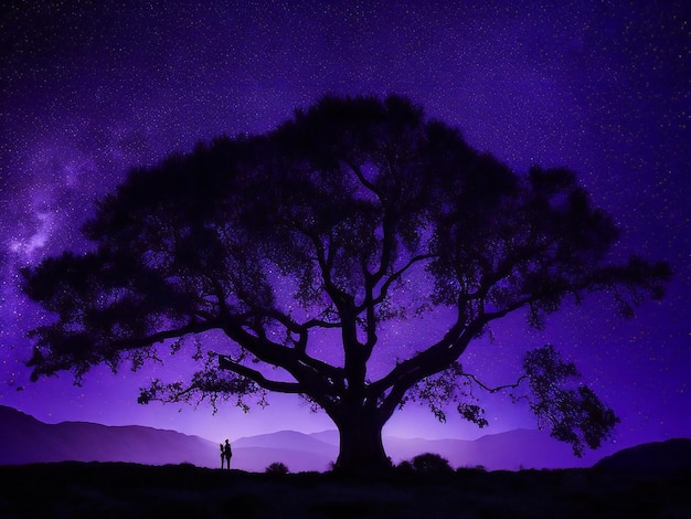 un arbre majestueux en silhouette sur le fond du vaste ciel nocturne rempli d'étoiles