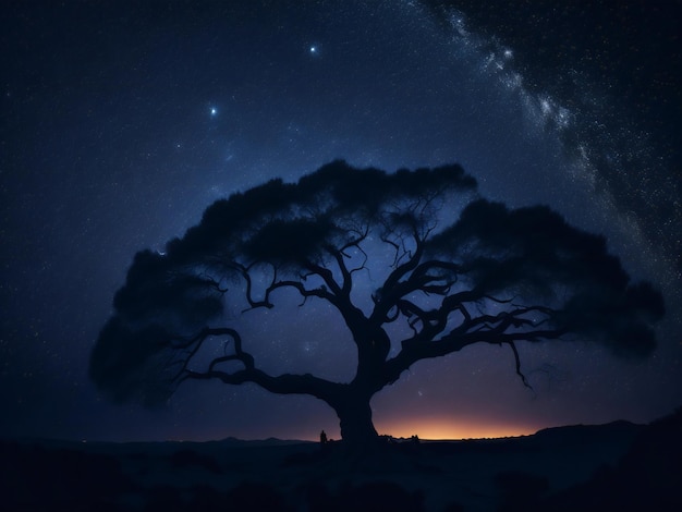 un arbre majestueux en silhouette sur le fond du vaste ciel nocturne rempli d'étoiles