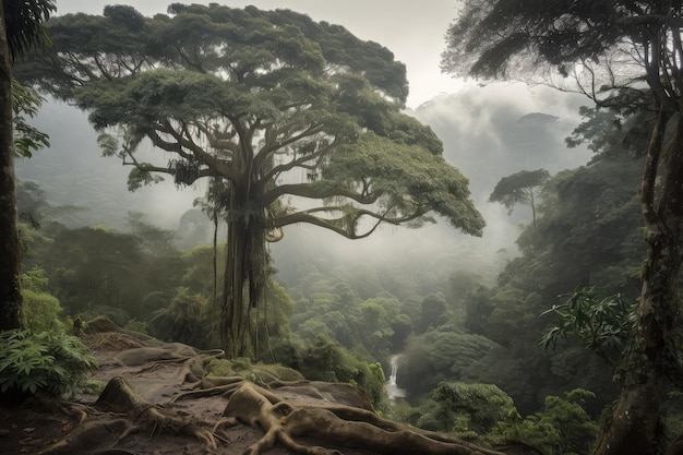 Arbre majestueux avec vue sur la forêt tropicale brumeuse et les cascades en arrière-plan