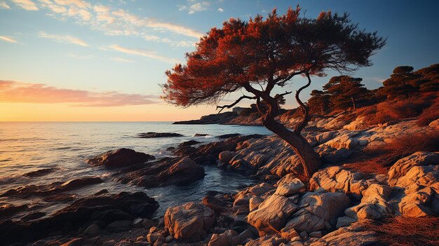 Arbre et mer au coucher du soleil Paysage de Crimée Fond de nature