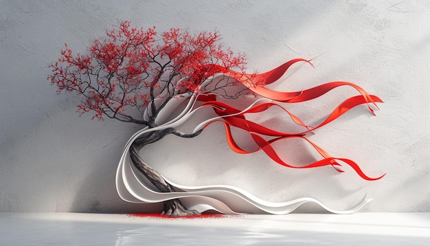 un arbre minimaliste 3D aux branches ornées de rubans Martisor rouges et blancs