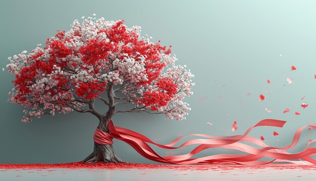 un arbre minimaliste 3D aux branches ornées de rubans Martisor rouges et blancs