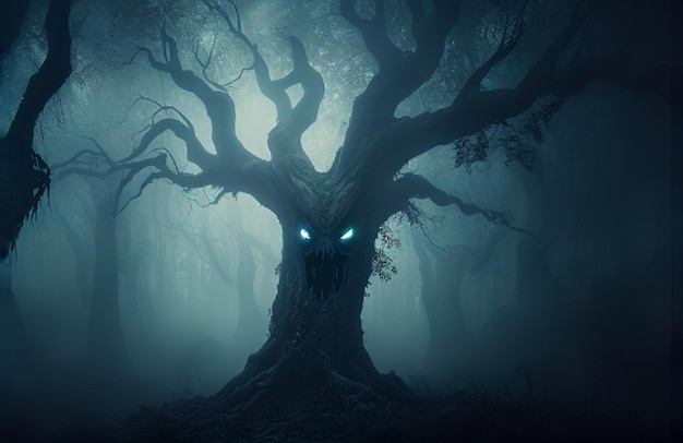 Arbre monstre Forêt fantasmagorique avec brume de brouillard Illustration IA générative