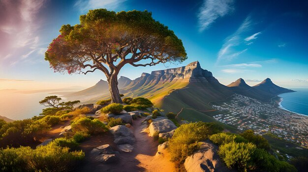 Photo arbre sur une montagne surplombant une ville ia générative