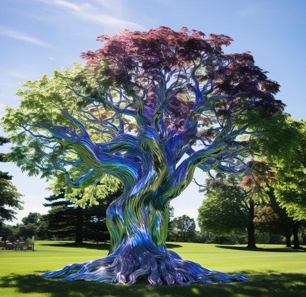 Photo un arbre avec un motif coloré est représenté au milieu d'un champ.