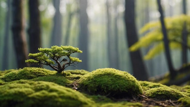 un arbre avec de la mousse en arrière-plan et un fond flou