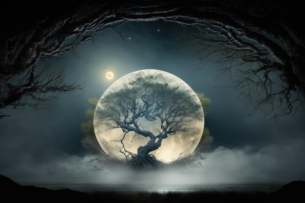 Arbre mystique entouré de brouillard brumeux ou avec la pleine lune qui brille au-dessus créé avec une ai générative