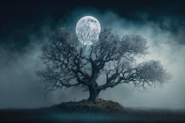 Arbre mystique entouré de brouillard brumeux ou avec la pleine lune qui brille au-dessus