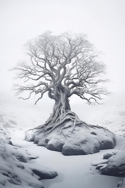 Un arbre avec de la neige dessus et le mot arbre dessus