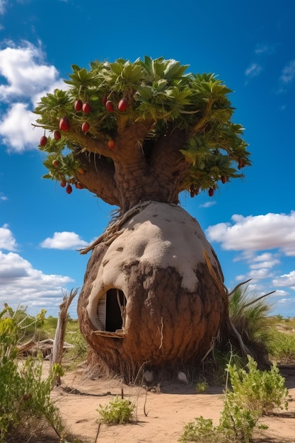 Un arbre avec un nid dessus et un ciel bleu en arrière-plan