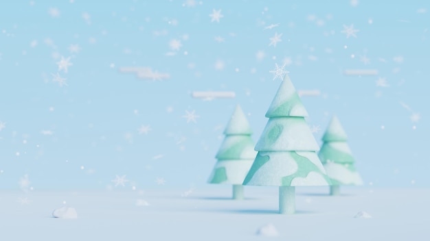 Arbre de Noël 3D avec des chutes de neige. Fond de paysage d'hiver pour joyeux Noël et bonne année présentation. Illustration de rendu 3D.