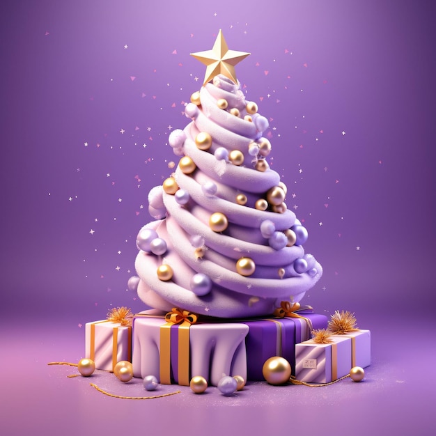 Arbre de Noël 3D et mignon avec coffrets cadeaux et décorations en violet et or Generative AI