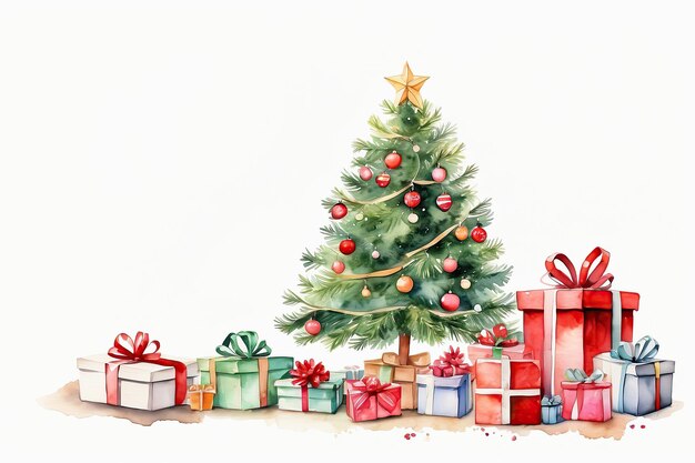 Arbre de Noël à l'aquarelle et boîtes à cadeaux sur fond blanc Carte de vœux pour Noël