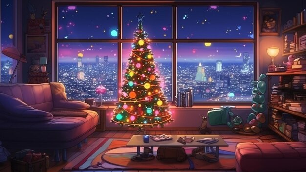 un arbre de Noël bien éclairé dans un salon avec une vue sur la ville générative ai