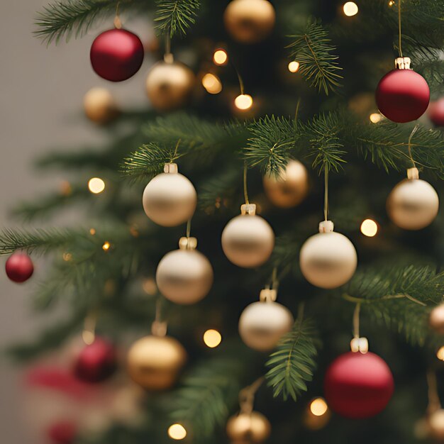 un arbre de Noël avec un bijou rouge et des ornements en or