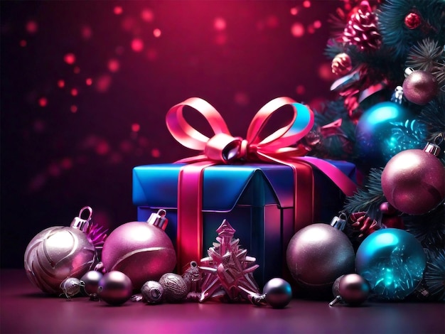 un arbre de Noël avec une boîte à cadeaux bleue et un ruban rouge
