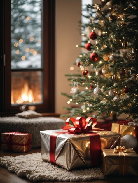 arbre de Noël avec boîte de cadeaux de Noël dans la décoration du salon