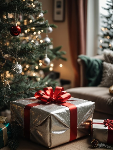 arbre de Noël avec boîte de cadeaux de Noël dans la décoration du salon