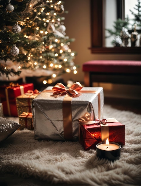 arbre de Noël avec boîte de cadeaux de Noël dans la décoration du salon