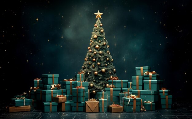 Arbre de Noël avec des boîtes à cadeaux en arrière-plan AI générative