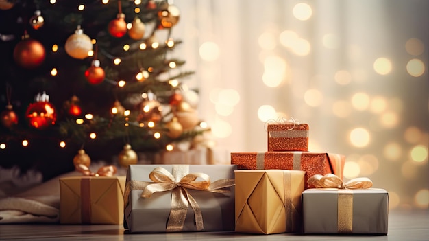 Photo arbre de noël et boîtes à cadeaux empilés autour de l'arbre dans une maison confortable