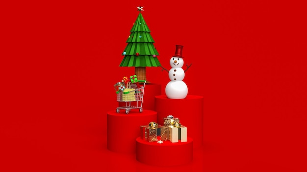 L'arbre de Noël et le bonhomme de neige sur le ton de couleur rouge pour le rendu 3d du concept de vacances ou d'affaires