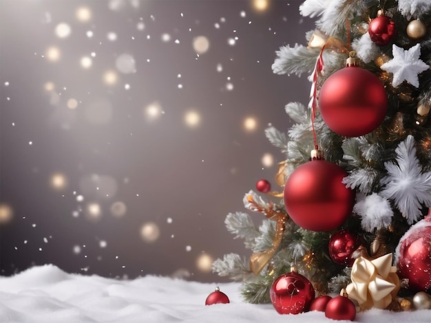 un arbre de Noël avec une boule rouge et un fond argenté avec un arble de Noël en arrière-plan