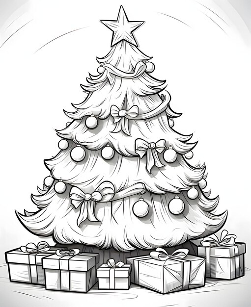 Arbre de Noël avec des boules, des arcs, des étoiles tout autour des cadeaux, feuille de coloration noire et blanche, arbre de noël comme symbole de Noël, de la naissance du Sauveur.