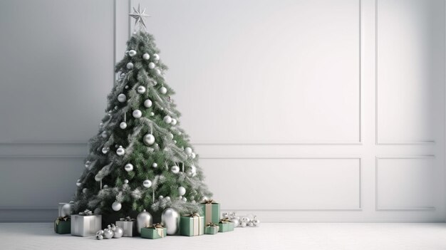 Un arbre de Noël avec des boules d'argent et un fond blanc