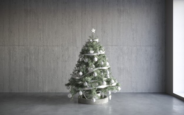 arbre de noël avec des boules colorées fond de mur gris avec beaucoup d'espace de copie pour le texte du nouvel an