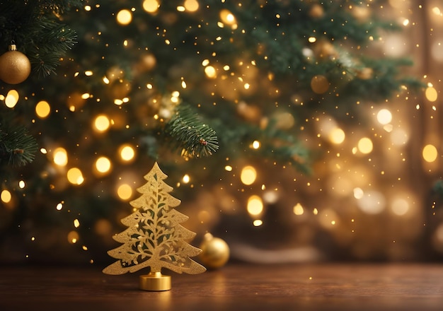 Arbre de Noël avec des boules dorées et des lumières bokeh en arrière-plan