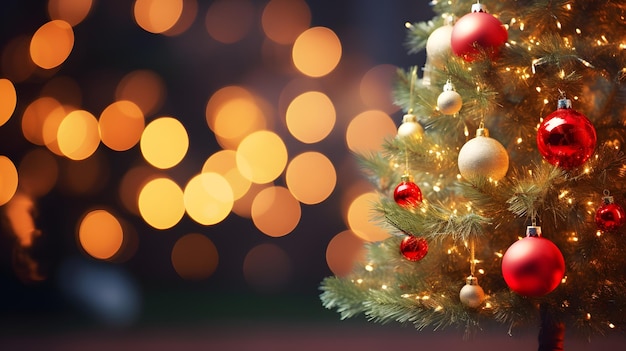 Arbre de Noël avec des boules et des lumières brillantes floues sur l'habileté du bokeh déposé