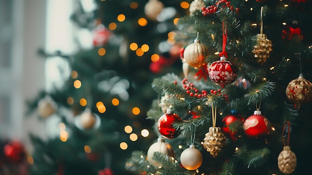 Arbre de Noël avec des boules et des lumières brillantes floues