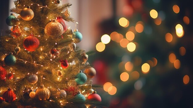 Arbre de Noël avec boules et lumières brillantes floues