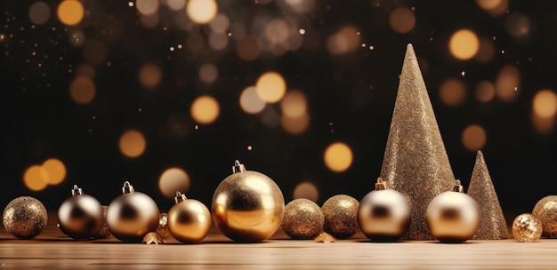 un arbre de Noël et des boules d'or sur une table en bois