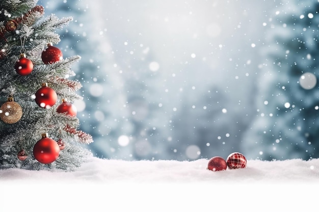 Un arbre de Noël avec des boules rouges sur la neige