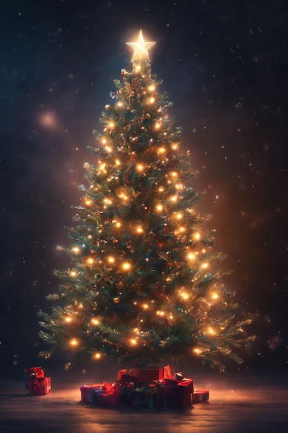 arbre de Noël brillant avec des clignotants sur un fond avec du papier peint de Noël scintillant