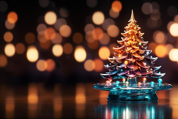 Arbre de Noël brillant en verre coloré contre les lumières bokeh sur fond noir espace de copie