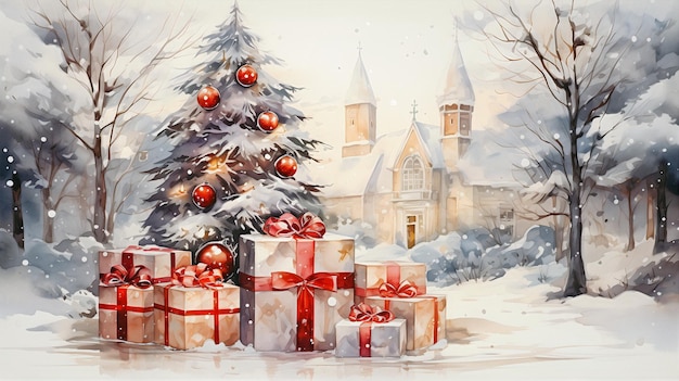 arbre de Noël et cadeaux aquarelle